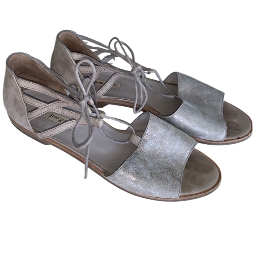 PAUL GREEN flat sandals WOMEN's 10, iridescent tan suede (front), ankle tie. EUC - Picture 3 of 16